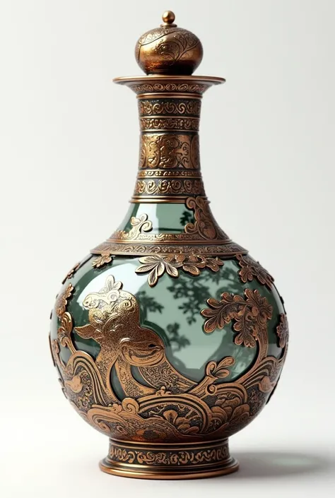 Draw a 3d model of a glass bottle ,  the bottle is covered with oriental-style metal ornaments 