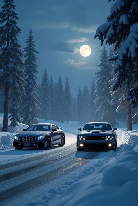 Snow night and Mercedes Benz and Dodge with the inscription "Grand Mobile 16"