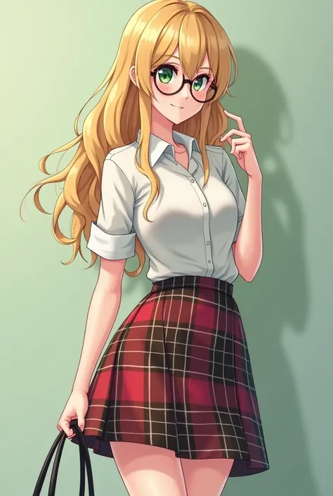 (( better quality)), ((masterpiece)), ( in detail),  1girl with blond hair ,  green eyes with round glasses , height 162 ,  in a plaid skirt , white shirt,  chest size 3 and wide hips, handle in hand ,  snide smile ,