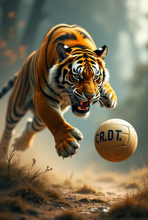 Generate a surreal tiger logo 
Jumping to finish off a volleyball with the initials C.R.D.T with the colors yellow ,negro

