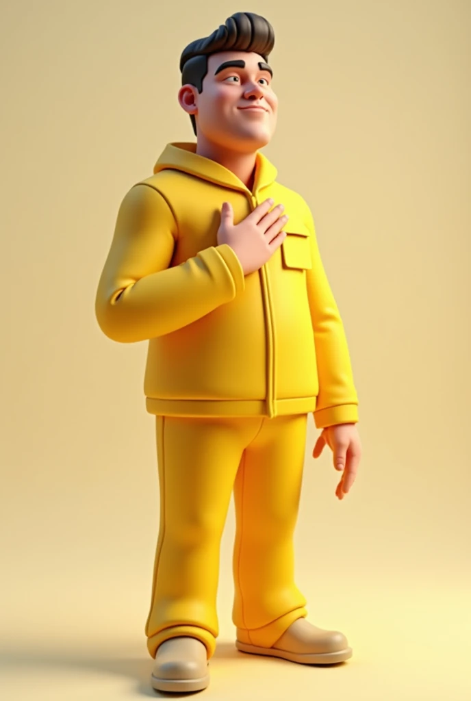  in a yellow jumpsuit ,  taking an oath with his hand on his chest ,  eyes closed and with a serene face, 3D illustration style 