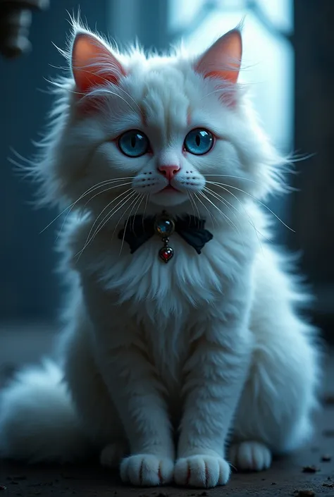 Ragdoll cat,furry,female,(beautiful and fluffy fur,fluffy and cute cat:1.1),SFW,(elegant and mysterious style,stylish gothic fashion:1.2), (dark and atmospheric ambiance:1.1),gothic collar,moonlit background,dramatic lighting,soft and gentle expression, pi...