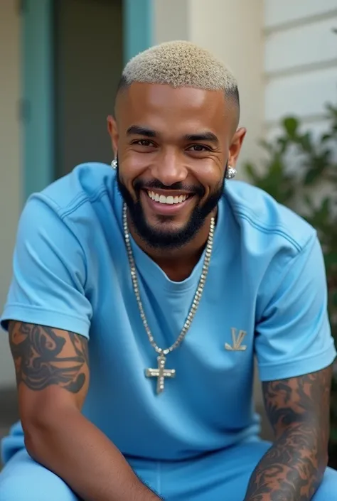 a cute Dominican Puerto Rican caramel light light skinned man with dyed all blonde buzzcut waves smooth cut and has a fresh cut), sharp jawline dimples, and a smirk, black beard, tattoos, blue eyes , diamond small stud earrings wearing wears blue amiri shi...