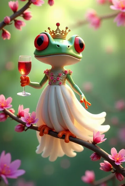 A whimsical and enchanting 3D illustration of an elegant anthropomorphic tree frog perched gracefully on a delicate branch adorned with vibrant pink blossoms. The frog, with expressive large red eyes, is dressed in a flowing, bright white chiffon gown that...