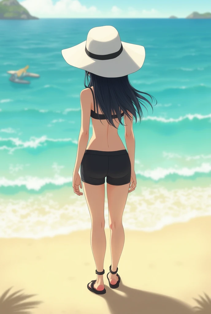 Create an image of a short woman on the beach with her back to the sea  , that is standing , that is white-skinned ,  black cabello , lips painted red with a white hat and black caites and with a two-piece swimsuit set such as shorts and neckline in black