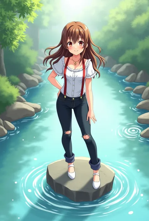 anime girl, smiles, Determined look, red-brown eyes ,  long brown hair,  frayed bangs ,  hair across the chest ,  white blouse with ruffles , red suspenders,  black jeans with ripped on the right knee, White Pumps,  stands on a rock in the river ,  taps th...