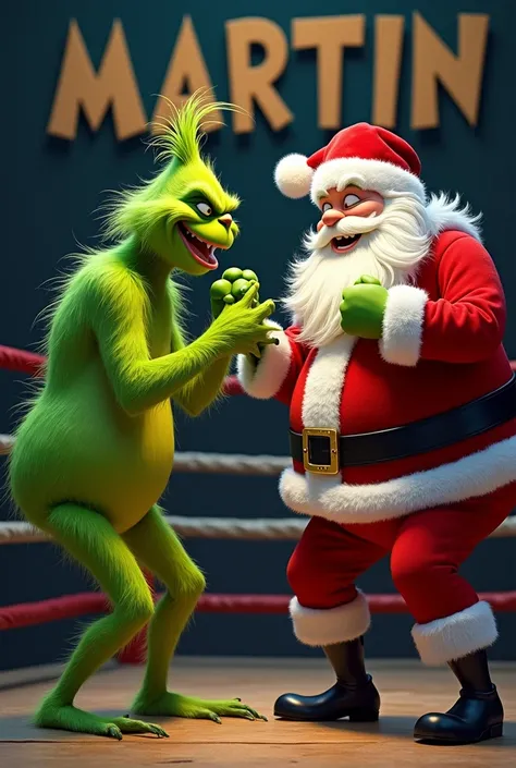  grinch grindy-green smiling and fighting in a ring against Santa Claus funny. With the name MartIn with big letters .  black background  