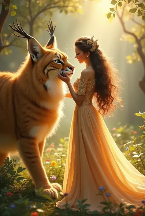 princess with brown hair and a white streak of hair  petting a large pure golden lynx. she wears princess dress and is the princess of the sun 