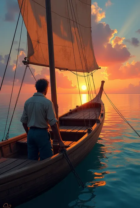  A sailor steers a traditional wooden Dhoni boat through calm waters,  as the sun sets on the horizon . 