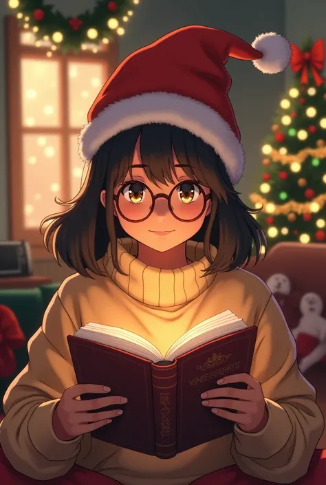 In the anime style
Young adult with brown skin
With Christmas hat and glasses
Reading your favorite book 
And Christmas background 