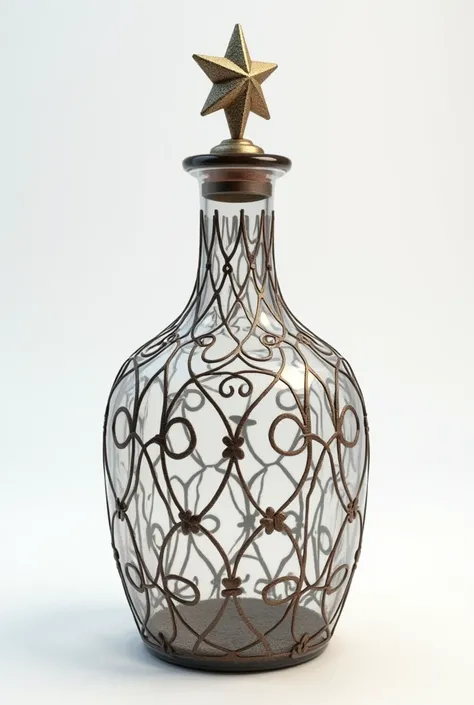 Draw a modern 3d glass bottle mobel ,  glass bottle model covered with iron ornaments on top 