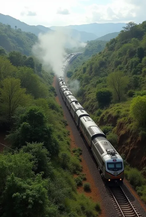 Modern electric diesel locomotive loaded with cane sugar traveling through the department of Chalatenango El Salvador without any houses, buildings or roads seen from the air 