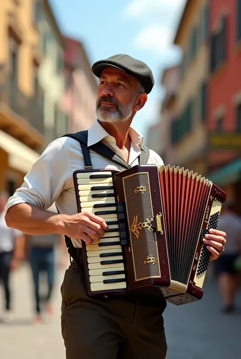 A man plays an accordion called Royal Standard.