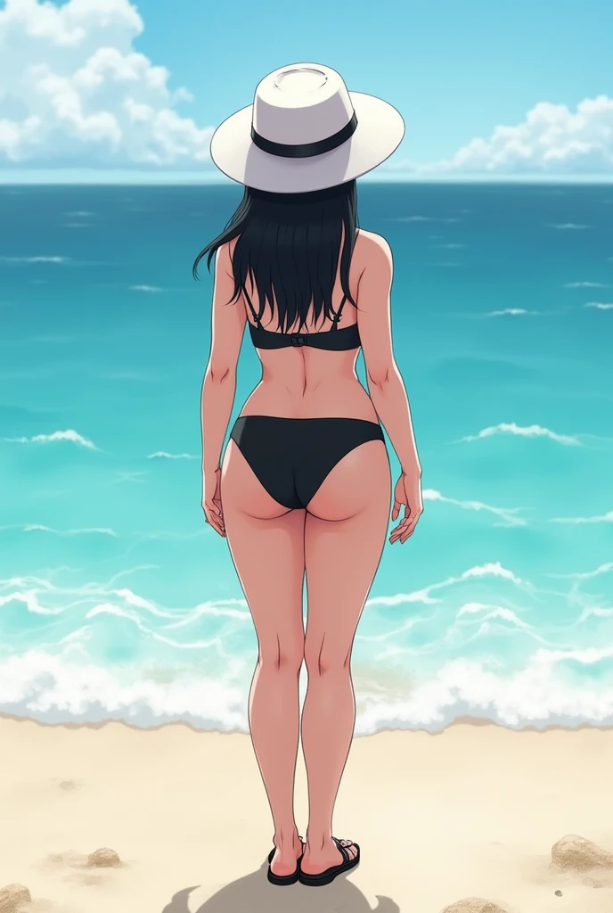 Create an image of a short woman on the beach with her back to the sea  , that is standing , that is white-skinned ,  black cabello ,  lips painted red with a white hat and black caites and with a two-piece short and neckline swimsuit set in black , Not so...