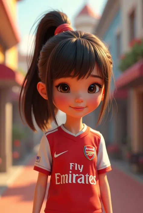 (Girl1, animated ,triangle face,brown eyes),(black hair,top Knot hairstyle),((t-shirt FC Arsenal,short skirt)),Very details CG, module, 8K wallpapers, top quality, high precision, beautiful lighting, realistic shade, high precision, detailed skin, very det...