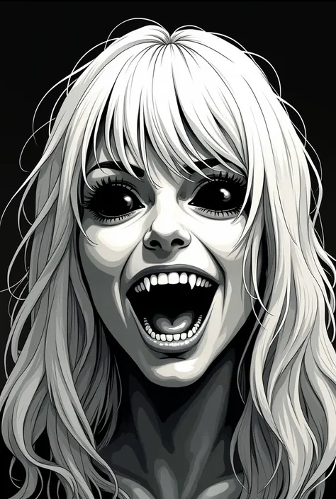  in the 2D comic book style in black and white and dark background make a blond woman arguing with a wide and evil smile,  with slightly sharpened teeth , And black eyes without pupil , Possessed by a demon 