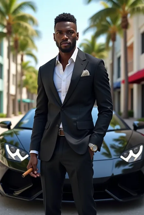 Homme noir 26 ans, devant une lamborghini noir, à Miami, une montre de luxe sur le poignet gauche, cigare en main