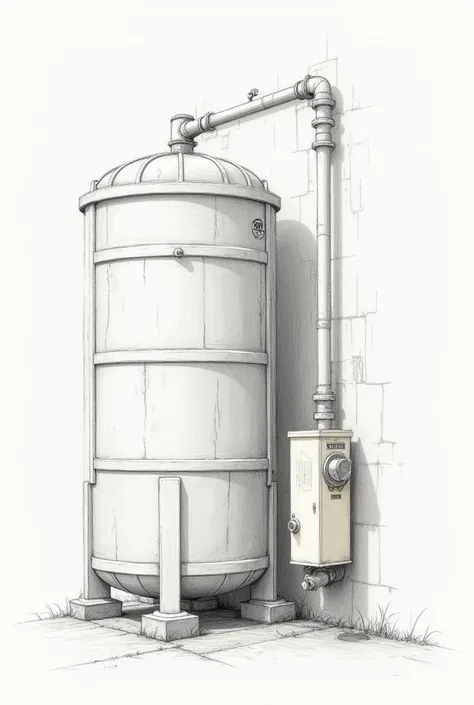  Complex pencil sketch of a modern water storage tank, and complex cream-colored plastic ,  measuring centimeters to control water use .  With easy-to-handle keys .