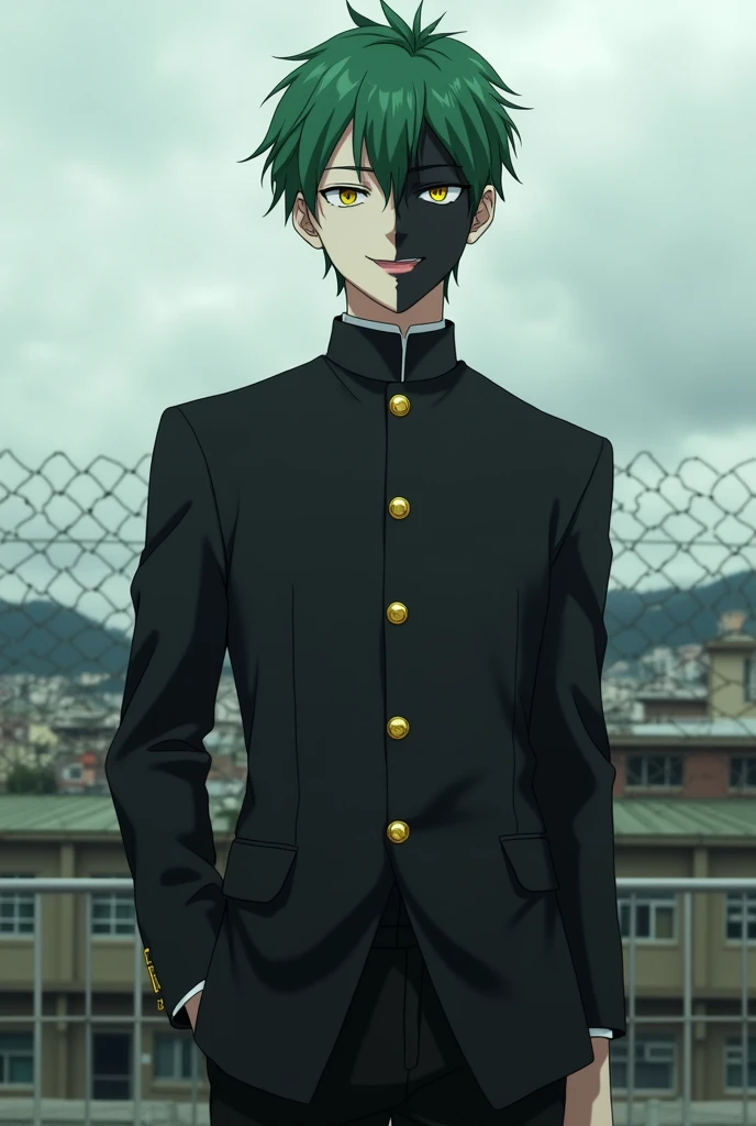 Very realistic,Japanese male, 20 years old,Green very short pixie haircut style,(Black alma mater with Stand collar),Gold buttons, black formal trousers,White sports shoes,(Having facial skin that is Divided by the center line half white and half black),Ha...