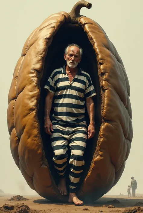 a man coming out of a human size coffee bean, make the man wearing a prisoners outfit with the black and white stripes, make the background plain