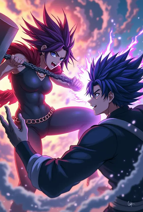 a battle between an 18-year-old male hybrid, with a black chain and black clothes , against a hybrid 18-year-old woman with purple hair,  and with a hammer wearing black clothes . Anime version