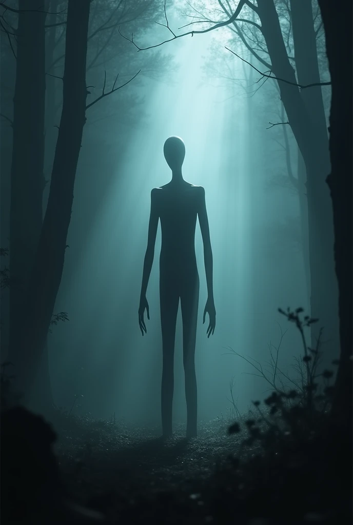 A flashlight shining on Slenderman standing in a foggy night forest, nightmare, highest definition, highest detail, highest quality 