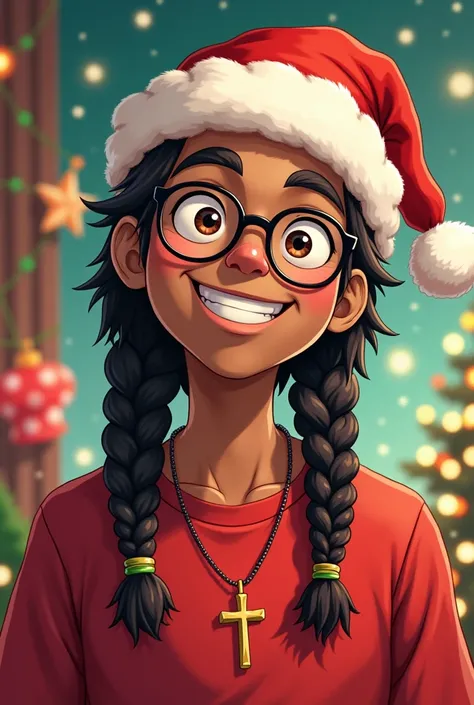 In the anime style
brown man with braided hair 
With Christmas hat and glasses 
Also a Christian necklace
On a Christmas background 