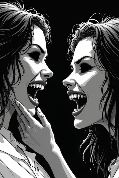 In the 2D comic book style in black and white make a fight between a woman and a young woman smile wide and evil,  with slightly sharpened teeth , And black eyes without pupil , Possessed by a demon 