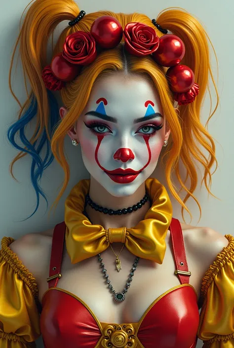 An Award-Winning Masterpiece for Vogue Fashion magazine, Sensual, Sexy, Desirable, Hot, Award-Winning Masterpiece,  a woman dressed as a sexy clown with mixed colored hair, in the style of magical girl, colorful Moebius, light yellow and dark crimson, penc...