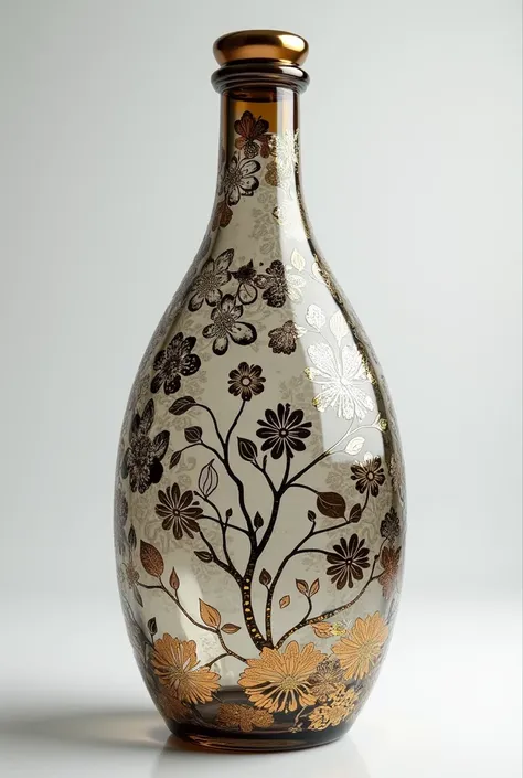  Draw a 3d model of a modern stretched glass bottle, covered with sophisticated iron oriental patterns 