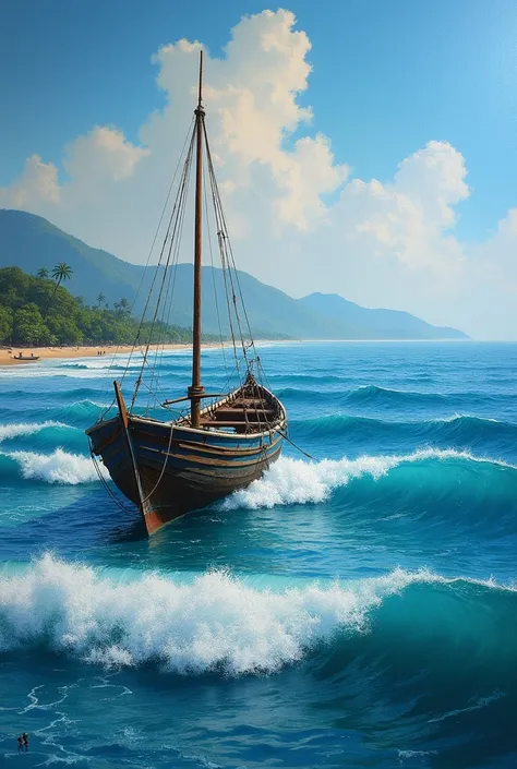 make a painting in the style of the artist Aivazovsky, a painting with a sea scene in the Bali area, in the middle of the sea you can see a fishing boat bobbing in the middle of the beach on Kuta beach