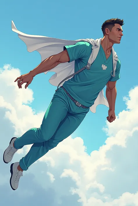 Create a drawing version of a male nurse like the super nurse flying in the style of Superman with one arm stretched out with the haircut slick back hide fade with medium length hair. that can be seen in profile