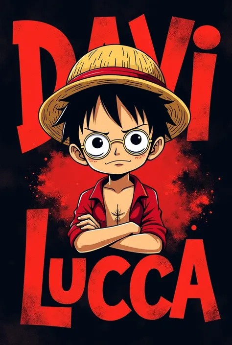 A Brazilian boy with short black hair ,  black eyes , white dove,  round glasses with the text Davi Lucca integrated red and black background
Make it more masculine 
Whiten the skin
Make the character inspired by Luffy from One Piece
Make your hair shorter...