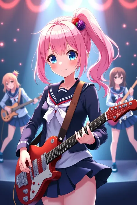   Japanese anime 、 、Live、uniform、Group of 5、  guitar vocals for each performance、Girl on the guitar  、  girl on the bass  、  girl on the drum  、  girl on the keyboard  、 それぞれの演奏 ,  blue eyes,  pink hair ,  hair ornament,  side lock,   side ponytail, 