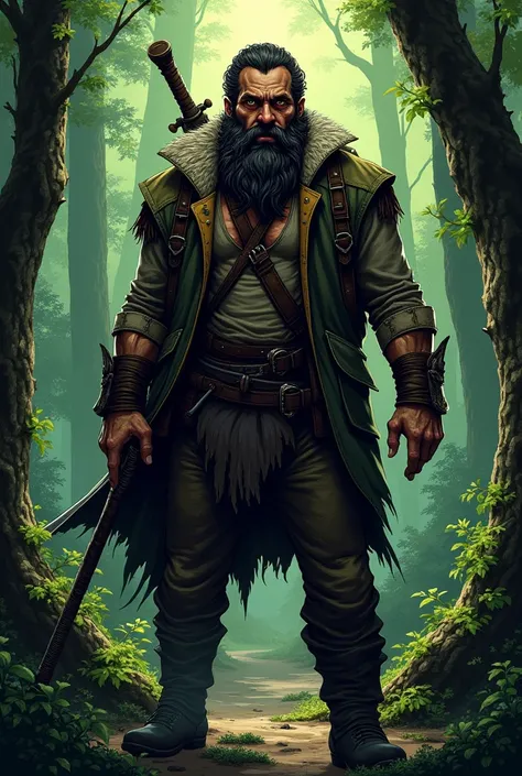 Make an image of the skinny and bearded bandit boss from the book The napping of the Librarian in a Forest for ren from a comic book 