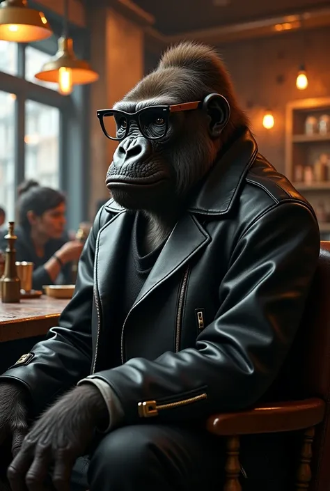 gorilla with jacket and glasses sitting in bar