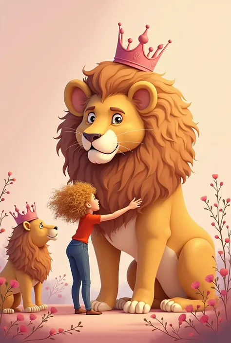  Create a vector of curly and blond hair, With light eyes  , hugging a lion big bigger than the person , With a lion standing, with lion in crown  ,  with light pink background , with flowers 