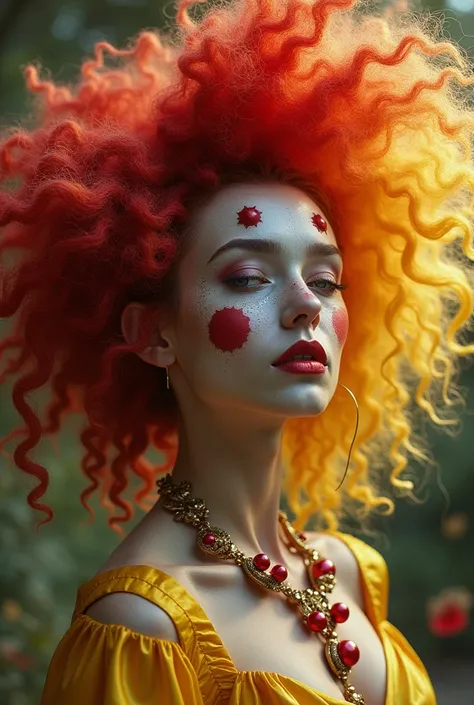 An Award-winning masterpiece for Vogue Fashion magazine, sensual, sexy, desirable, hot, Award-winning masterpiece,   a woman dressed as a sexy clown with her hair in mixed colors,  In the style of a magic girl ,  colorful moebius ,  light yellow and dark c...