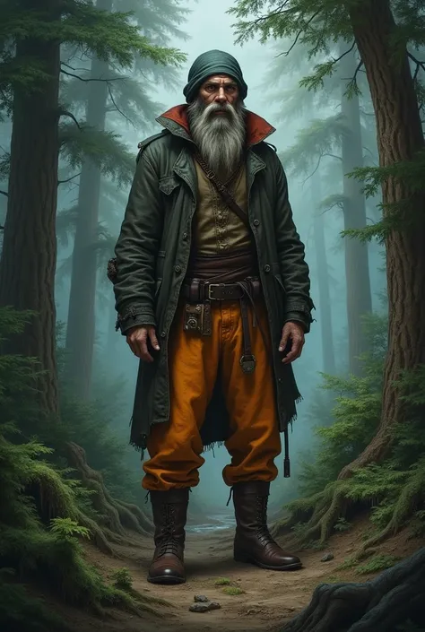 Make an image of the skinny and bearded bandit boss from the book The napping of the Librarian in a Forest for ren wearing plush pants and a balaclava