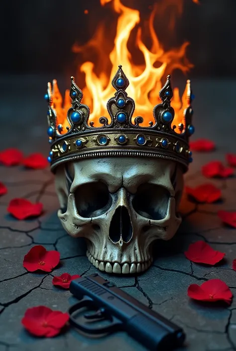  a dark cracked floor with scattered red roses, a black gun , A beautiful and striking kings crown with blue pearls of a strong color placed on a skull accompanied by fire in the crown is fading, bullets in the ground everywhere .