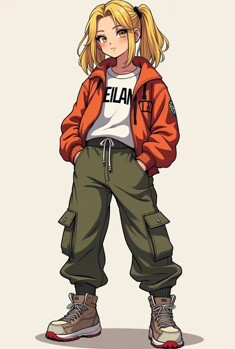 Kakshi fille blonde cheveux, sexy, portant un ensemble hip hop sweat et pantalon large, avec le nom écrit: WEILAND sur la veste, assise sur le sol 