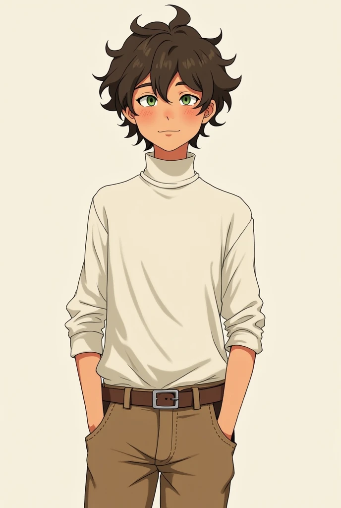 Anime, hand drawn, male, gentle expression, green eyes, brown curly hair, tan skin, gangly, late twenties, freckles, farmer, white turtleneck, brown pants, farmer, American 