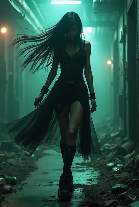 Detailed moment  Goth-girl (mix goth and radioactive protect clothes), long dye hairs, (mini skirt), (Dancing in abandoned radioactive laboratory), around many rubish dark atmosphere, very detailed, ((шедевр, высочайшего качества, Максимальное качество изо...