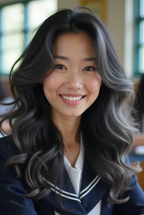 Extremely photorealistic A beautiful youthful looking Japanese women  as a 50 years old woman long curly comple tely hair in a big curls styles her graying hair transition from jet black fading to dark gray at the ends, her hair complements her mature yet ...