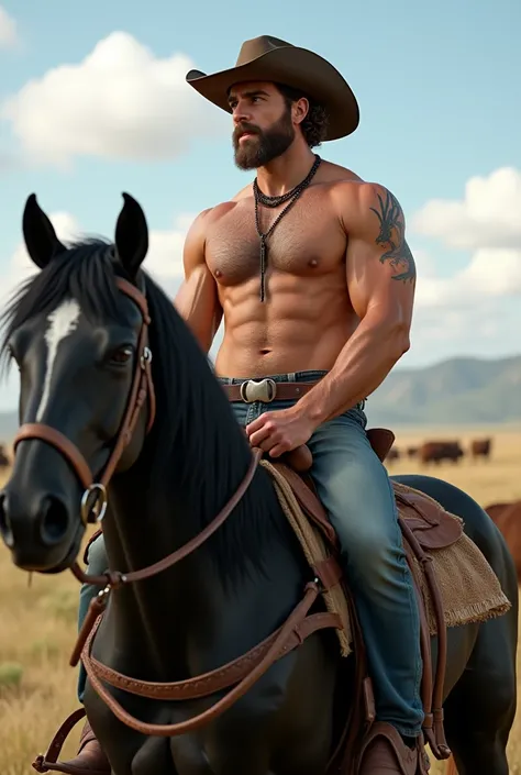 American man,30 years,  shiny and porous skin texture ,  light brown curly hair,  round face, dimples on the face ,natural green eyes,stubble ,strong body,  dragon tattoo on the neck , serious face, dressed in cowboy clothes on top of a black horse full bo...