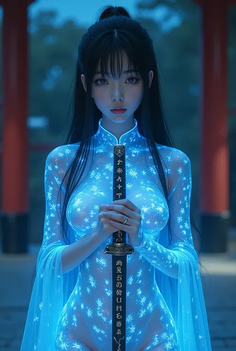 Japanese girl, 18 years old, detailed, masterpiece, beauty, glowing blue transparent iron suit, focus between the legs, small breasts, long hair, eye makeup, in a shinto temple at night. Holding a katana. Magic runes engraved on the katana. Form fitting fu...