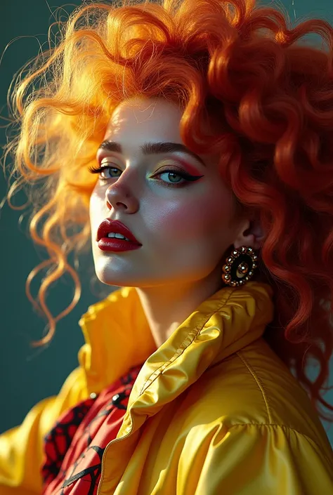 An Award-winning masterpiece for Vogue Fashion magazine, sensual, sexy, desirable, hot, Award-winning masterpiece,   a woman dressed as a sexy clown with her hair in mixed colors,  In the style of a magic girl ,  colorful moebius ,  light yellow and dark c...