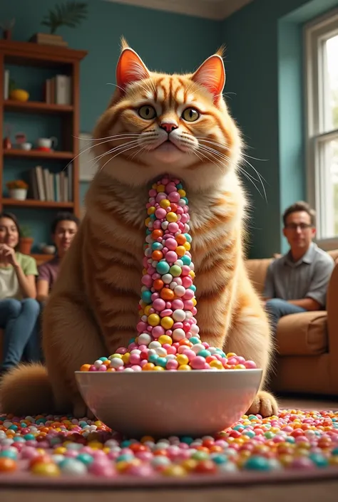 Giant cat poops out candy into a bowl in a living room while people watch realiatic