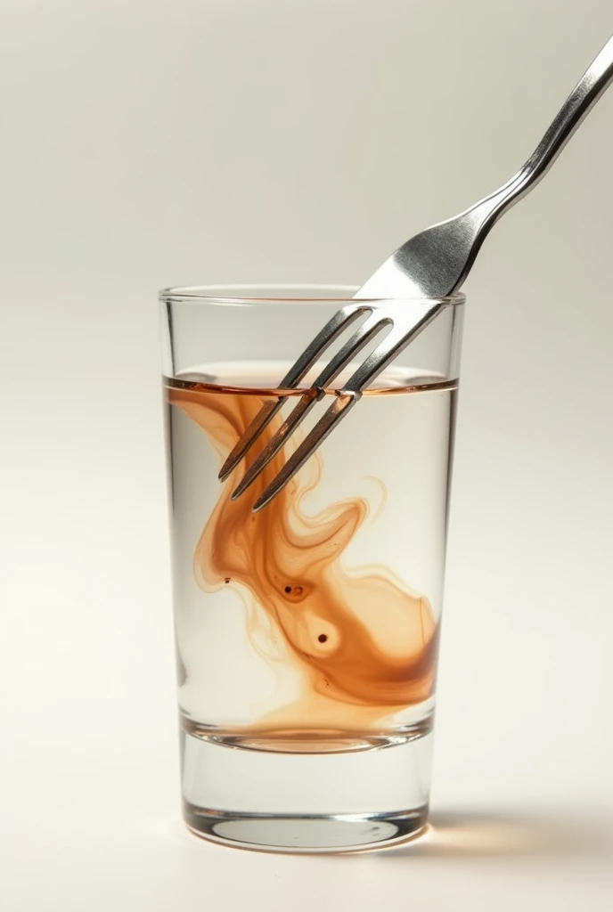 Transparent glass with water and a little bit of brown paint inside being stirred by a realesta fork