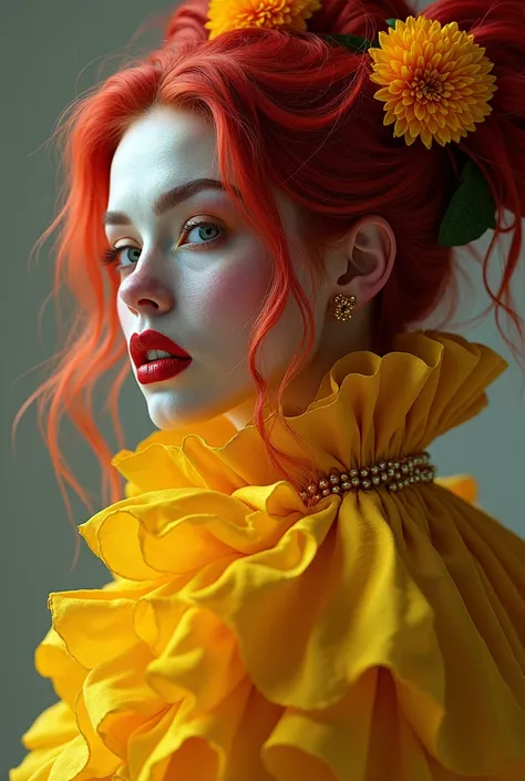 An Award-winning masterpiece for Vogue Fashion magazine, sensual, sexy, desirable, hot, Award-winning masterpiece,   a woman dressed as a sexy clown with her hair in mixed colors,  In the style of a magic girl ,  colorful moebius ,  light yellow and dark c...